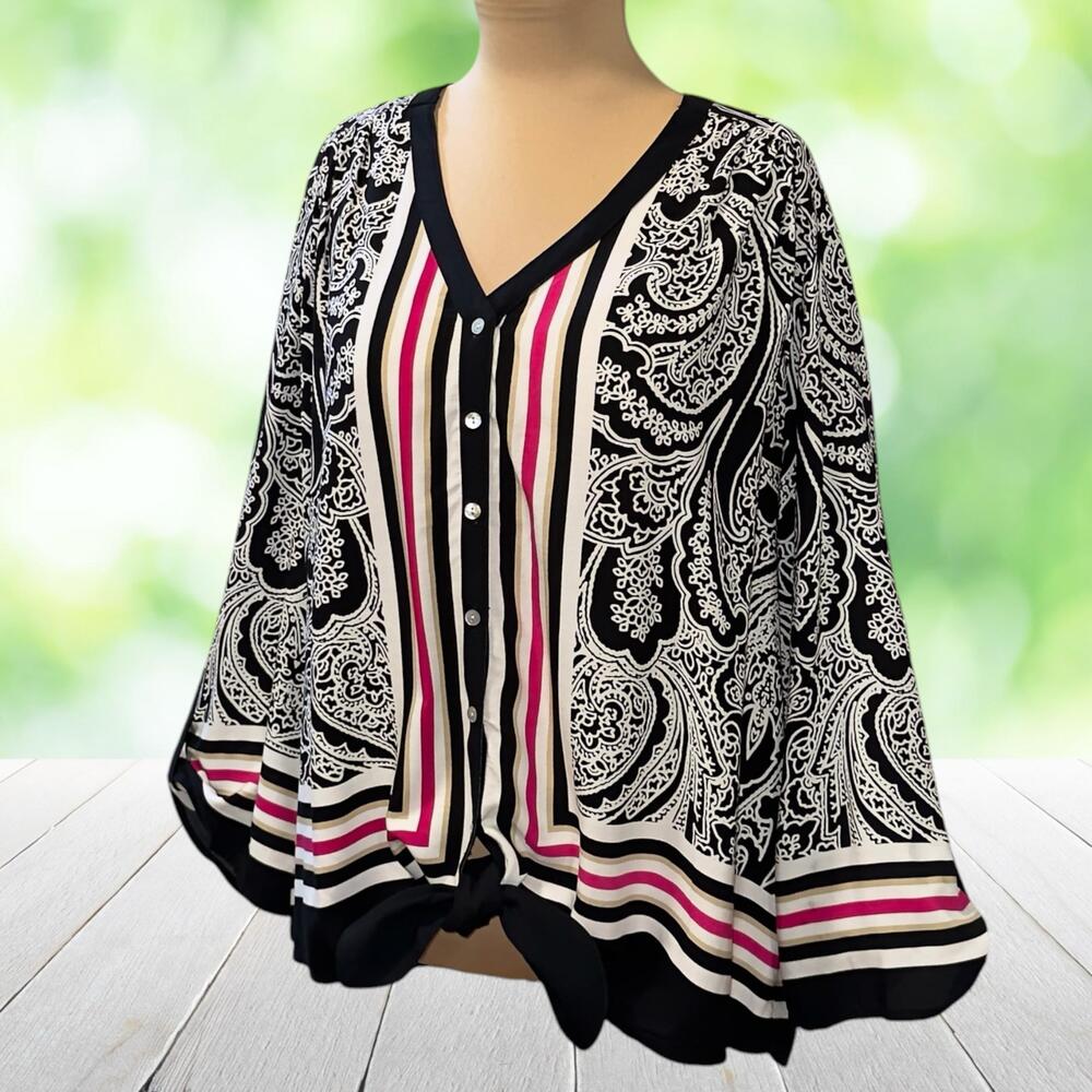 Bandana Print Tunic Top Tie Front Kimono Sleeve Button Front Black Pink Plus 2X